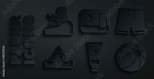 Set Sunscreen cream in tube, Swimming trunks, Tourist tent, Beach ball, Travel postcard and Sand castle icon. Vector