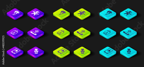 Set Guillotine, Candy, Camping lantern, Tombstone with cross, Voodoo doll and Psilocybin mushroom icon. Vector