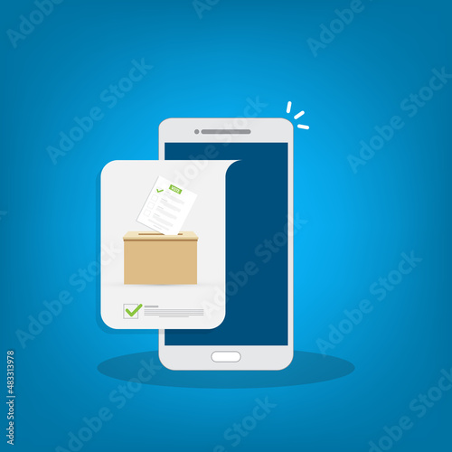 Mobile phone with voting ballot in ballot box. Voting online, e-voting, election internet system. Flat design. Vector illustration	