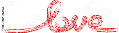 Tire tracks form love word. Car thread silhouette. Vector illustration.