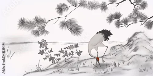 Fototapeta samoprzylepna White cranes dark gray background. Abstract watercolor paint background grunge texture. Interior Wallpaper. Mural for the walls, fresco for the room, interior grunge style