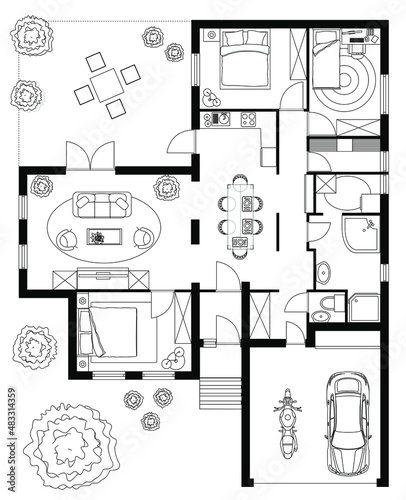 Black and White floor plan of a house.
