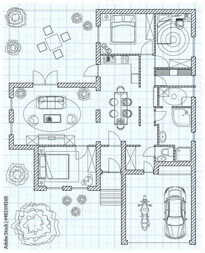 Black and White floor plan sketch of a house on millimeter paper.
