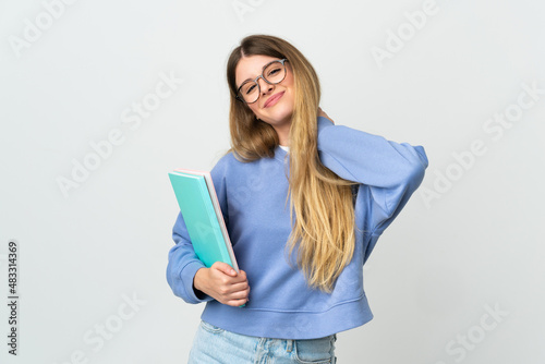 Young blonde student woman isolated on white background laughing