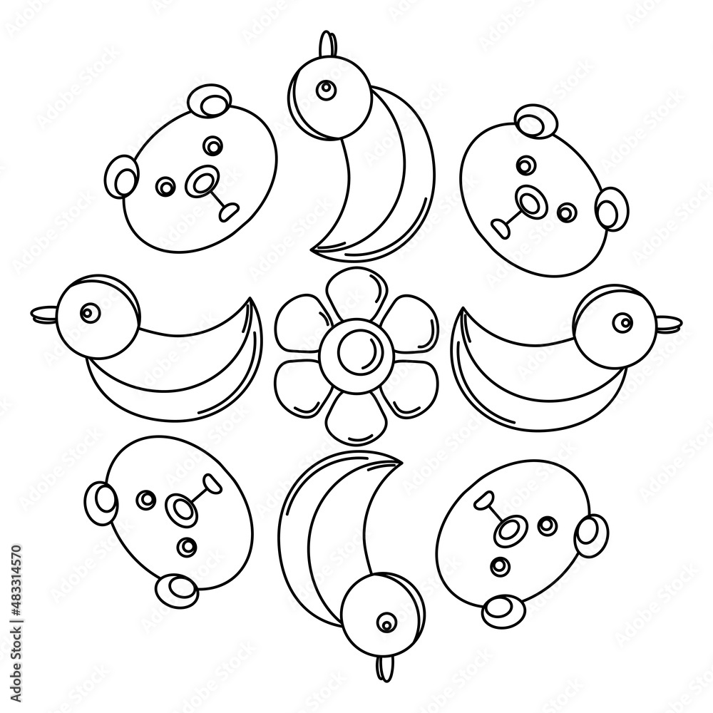 Mandala with toys, Coloring book page for kids . Doodle vector illustration