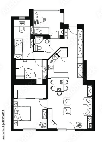Black and White floor plan of a house.