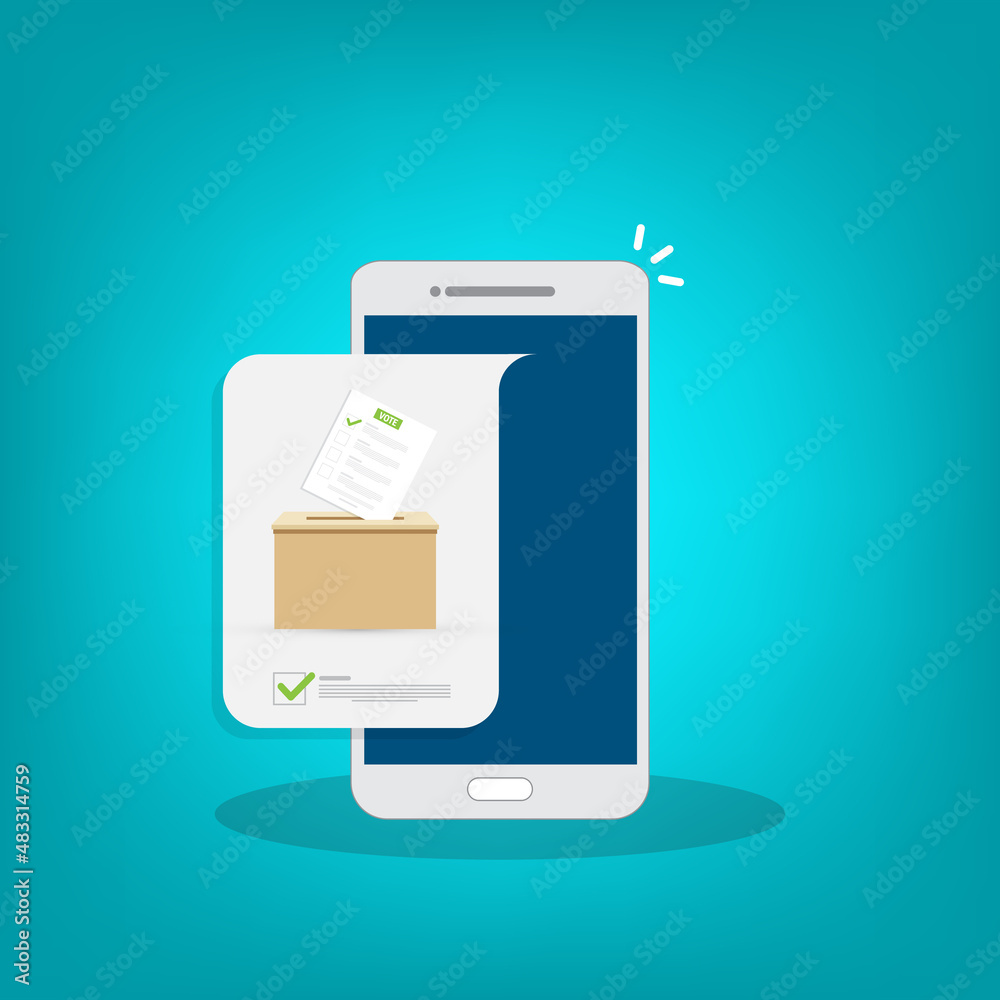 Mobile phone with voting ballot in ballot box. Voting online, e-voting, election internet system. Mobile phone with voting ballot in ballot box. Voting online, e-voting, election internet system.