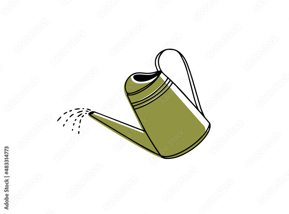 Watering can for flowers isolated on a white background. Line art with colors. - obrazy, fototapety, plakaty 