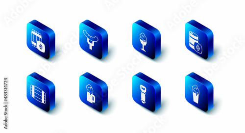 Set Sausage on the fork, Glass of beer, Metal keg, Bottle opener, Wooden mug, barrel and icon. Vector