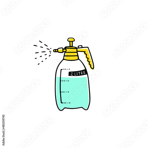 Spray Bottle isolated on a white background. Vector illustration. Line art with water.