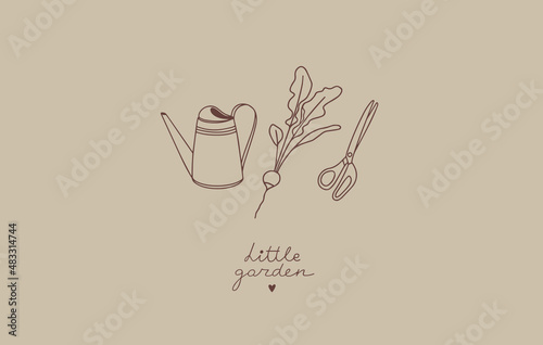 Tiny gardening set. Seasonal florist job. Vector illustration. Line art. Watering can, radishes, scissors
