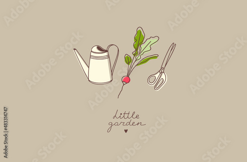 Tiny gardening set. Seasonal florist job. Vector illustration. Line art with colors. Watering can, radishes, scissors