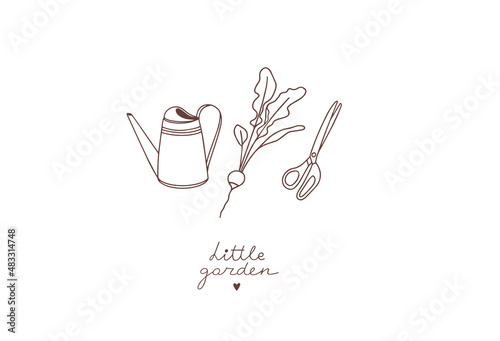 Tiny gardening set. Seasonal florist job. Vector illustration isoladed on white. Line art. Watering can, radishes, scissors