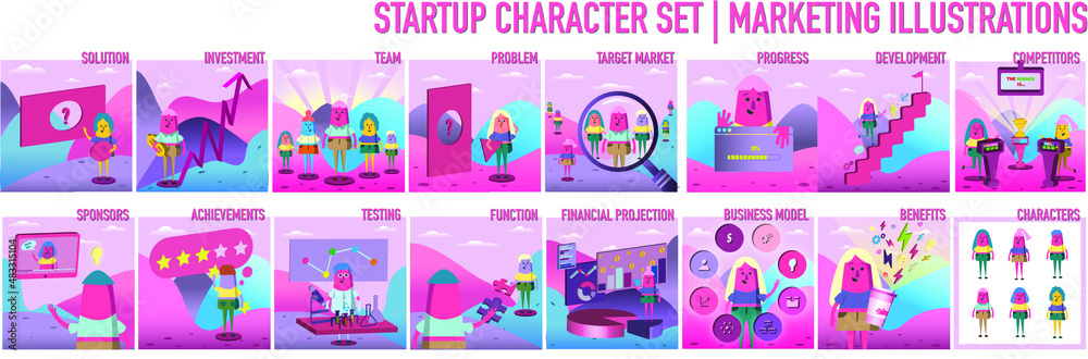 Startup Character Set Marketing Illustration Vibrant Color Gallery Business Development Graphic Elements Innovative Product Or Service Business Model