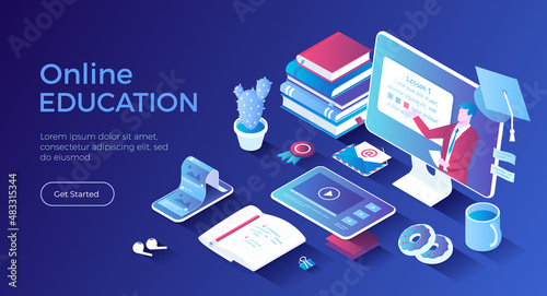 Online education. Distance learning, online courses, educational webinars at home. Educational video at monitor with teacher, tablet, phone, books, notebooks. Isometric landing page. Vector web banner