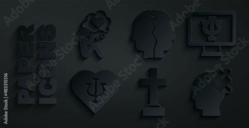 Set Graves funeral sorrow, Psychologist online, Psychology, Psi, Solution to the problem, Bipolar disorder and Broken heart divorce icon. Vector