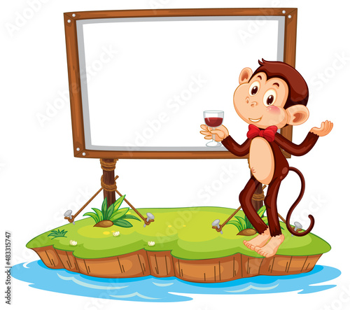 Cute monkey with blank board on white background