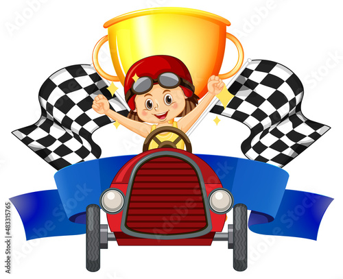 Girl car racer on trophy and race flag