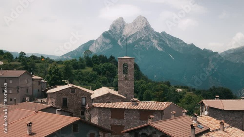 Aerial view of an old village in front of Pedraforca mountains in Spain photo