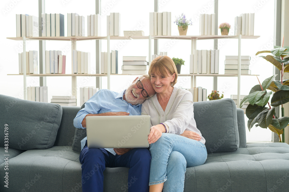 Happy Caucasian senior couple using laptop at home Happy Caucasian senior couple using laptop at home