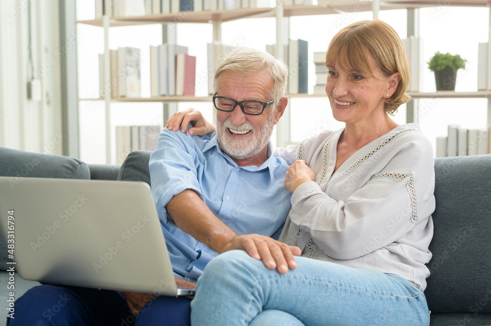 Happy Caucasian senior couple using laptop at home