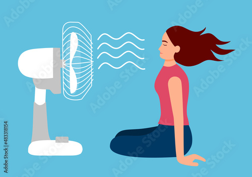 Woman with electric fan blowing in flat design. She exhausted of hot summer day. Tired female need wind blow.