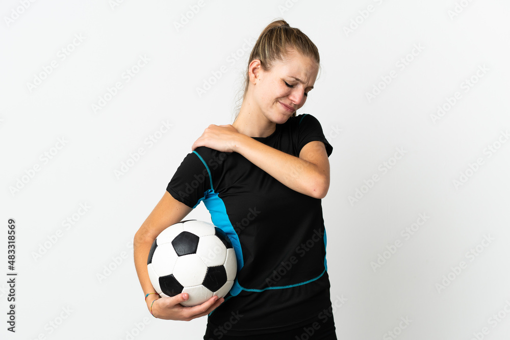 Young football player woman isolated on white background suffering from pain in shoulder for having made an effort