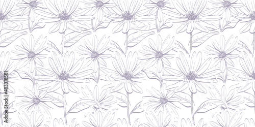 Pastel floral seamless pattern, Daisies repeated gray background, Vector illustration