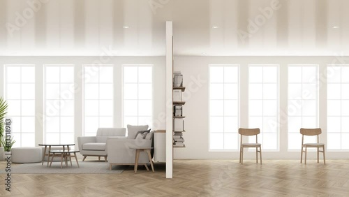 build up Interior in vintage minimalist style in the living dining  bedroom. using wood material and light gray cloth on parquet floor and arched walkways with large windows 3d render animation looped