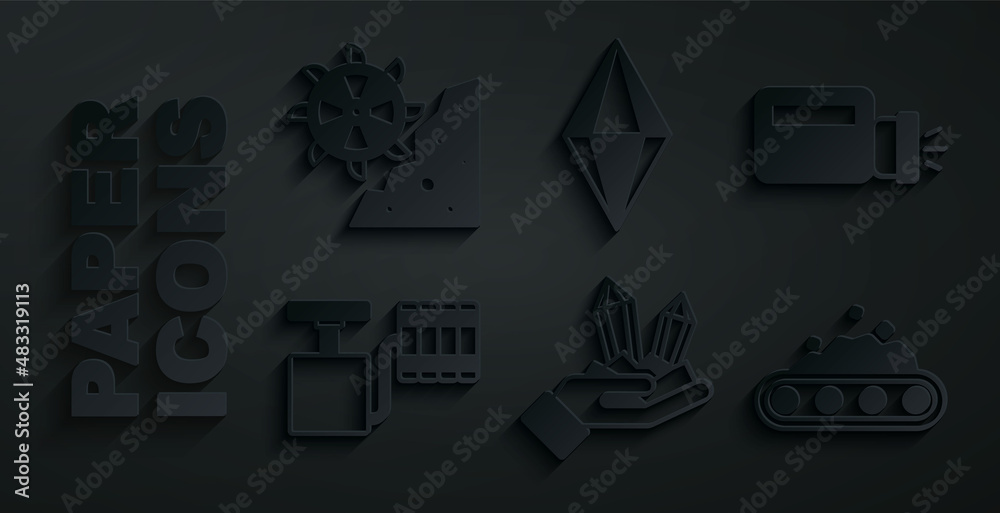 Set Gem stone, Flashlight, Handle detonator, Conveyor belt carrying coal, and Bucket wheel excavator icon. Vector Set Gem stone, Flashlight, Handle detonator, Conveyor belt carrying coal, and Bucket wheel excavator icon. Vector