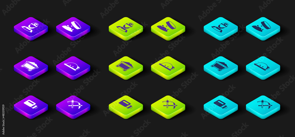 Set Flashlight, Pickaxe, Mine coal trolley, Miner helmet, Giant magnet holding iron dust and icon. Vector Set Flashlight, Pickaxe, Mine coal trolley, Miner helmet, Giant magnet holding iron dust and icon. Vector
