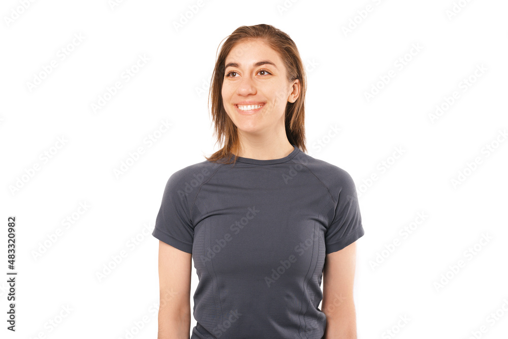 Portrait of young smiling sport woman over white background. Portrait of young smiling sport woman over white background.
