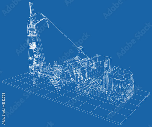 3d model outline coiled tubing truck. Wire-frame.