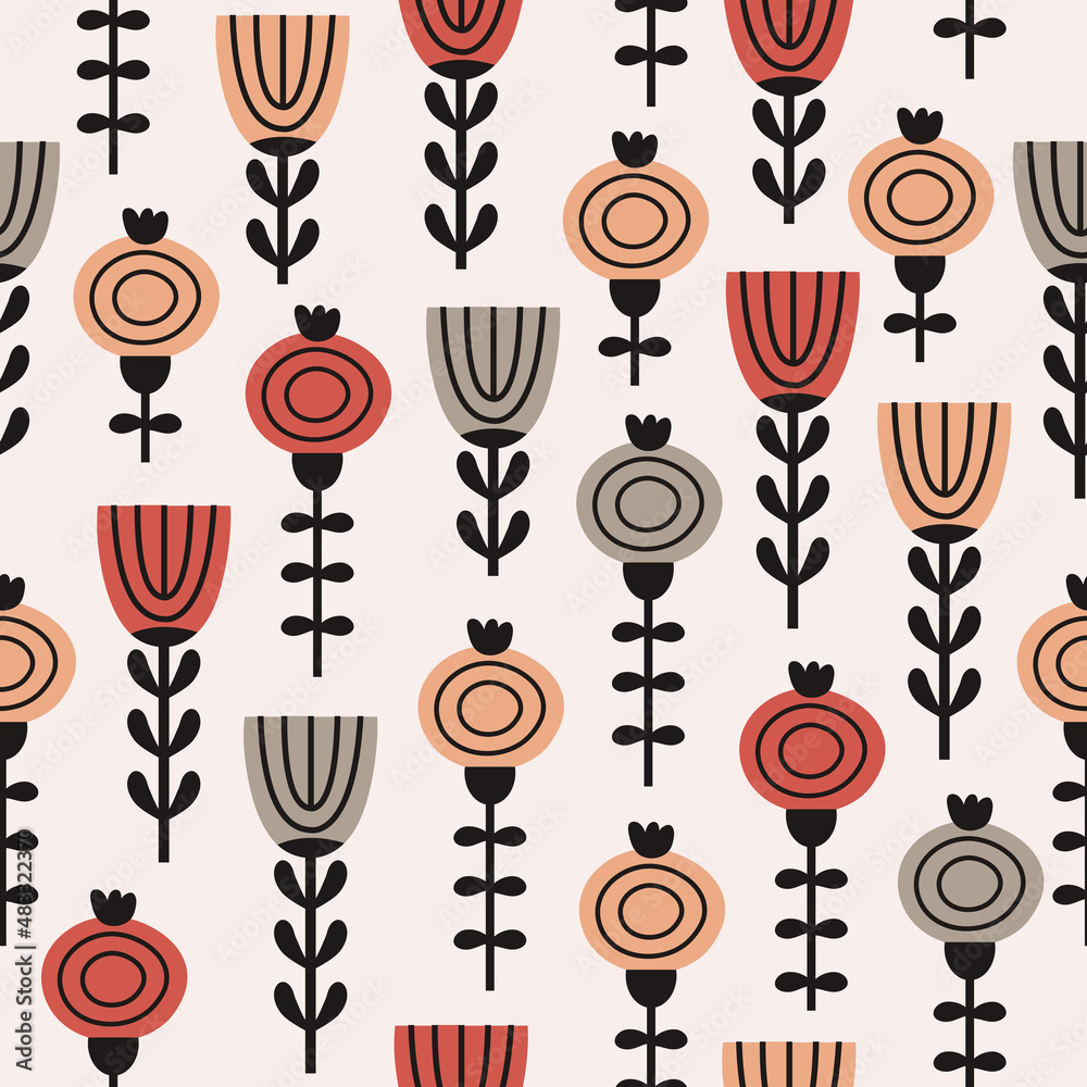 Blooming summer meadow seamless pattern. Repeating pattern stylized floral elements, flowers, stems, meadow grasses on a light background. Rustic style. Hand drawn illustration in Scandinavian style