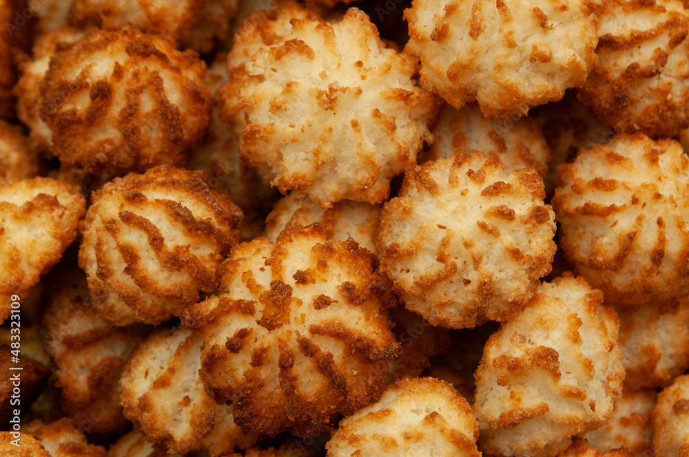 Macaroons, traditional biscuits typically made from ground almonds or coconut and eaten during the Jewish festival of Passover.