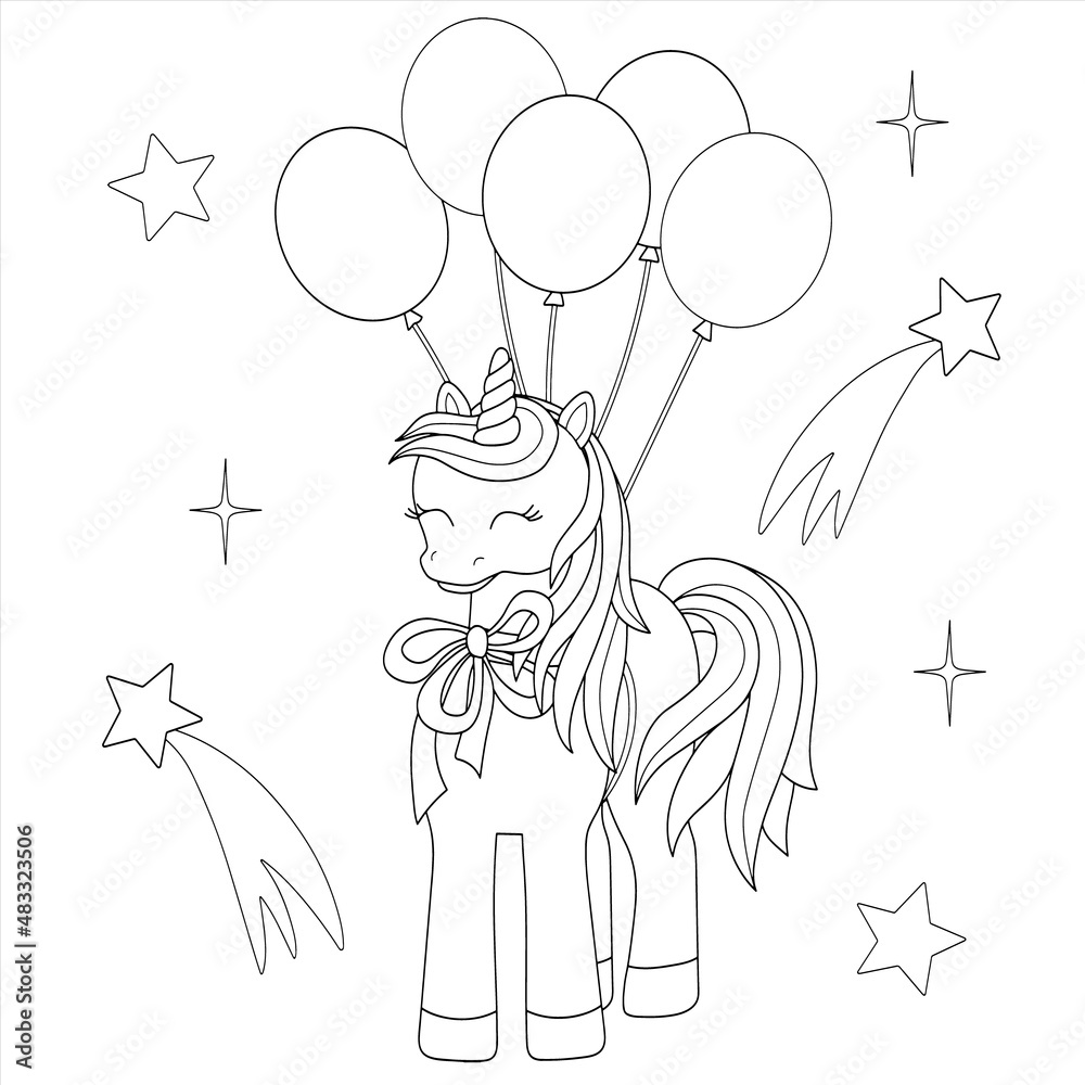 Cute coloring book with unicorn, balloons and stars. A horse with horn ...