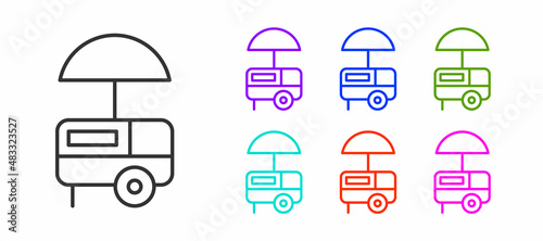 Black line Fast street food cart with awning icon isolated on white background. Urban kiosk. Ice cream truck. Set icons colorful. Vector