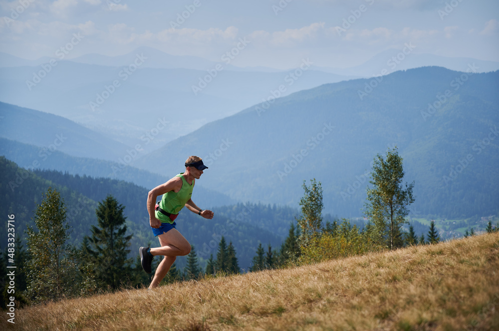 Full length of young man running up grassy hill with blue sky and mountains on background. Muscular male runner wearing sports shorts and tank top. Concept of sport, training and nature.