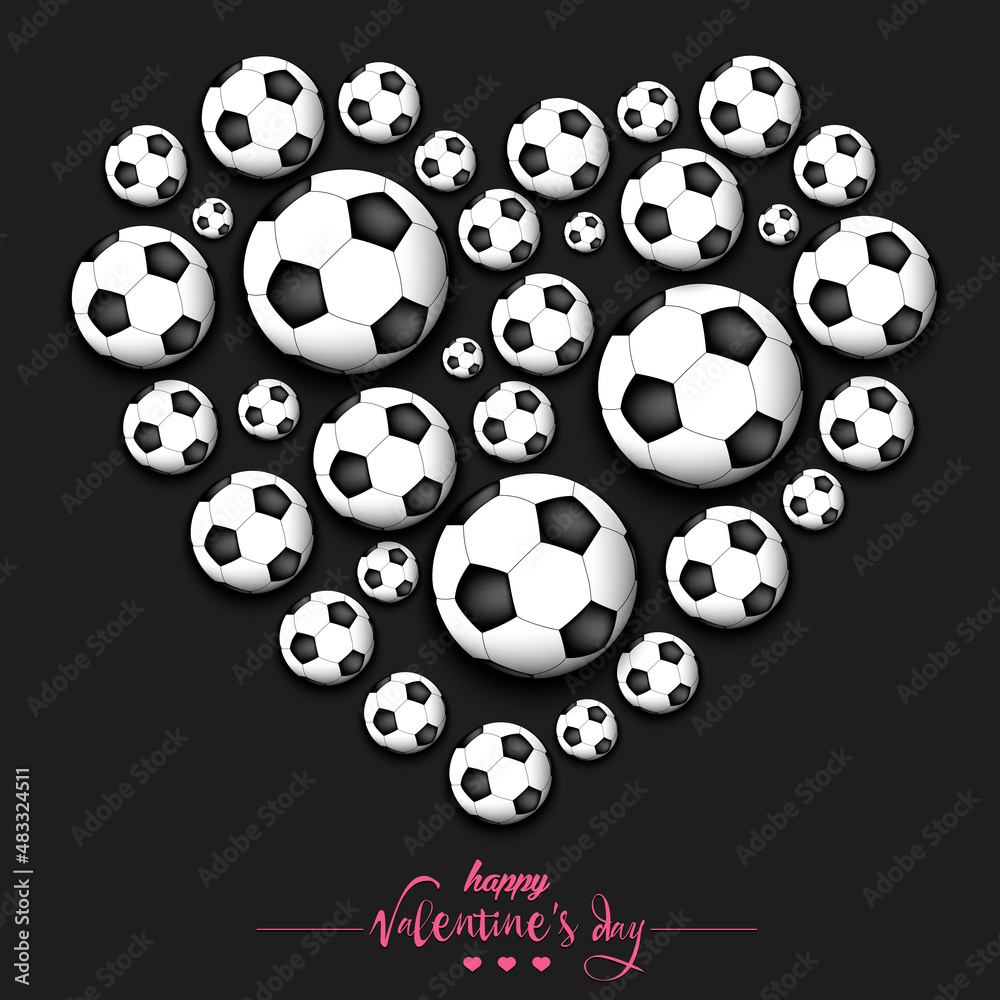 Happy Valentines Day. Heart made of soccer balls. Design pattern for greeting card, banner, poster, flyer, invitation party. Vector illustration on isolated background Happy Valentines Day. Heart made of soccer balls. Design pattern for greeting card, banner, poster, flyer, invitation party. Vector illustration on isolated background