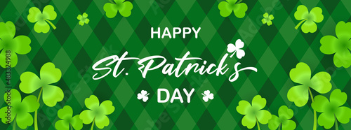 Happy St. Patrick's Day Banner vector illustration. Shamrock on green argyle pattern.