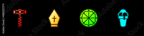 Set Wine corkscrew, Pope hat, Pizza and Ice cream icon. Vector