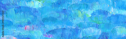 Wide blue abstract painting background. Striped texture of oil paint with grooves comb stroke. High detail. photo