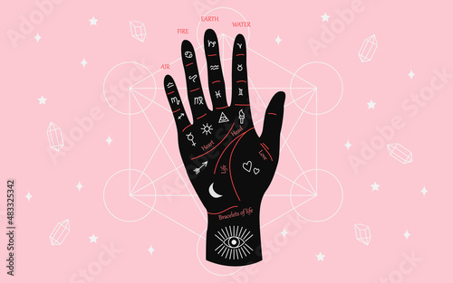 Palmistry and hieromancy. Hand lines and their meanings. Crystals in variety of shapes; stars. . Magical hand drawn vector illustration for web and print design. Trendy colourful palmistry hand.