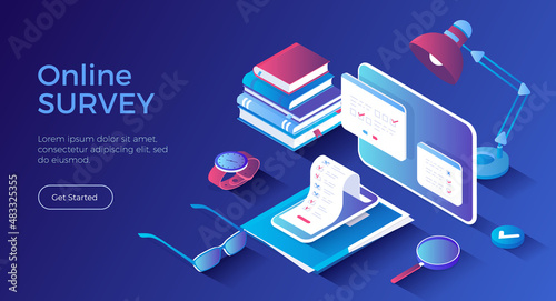 Online Survey and Polling. Internet mobile questionnaire. Survey form on on tablet and phone screens. Isometric landing page. Vector web banner.