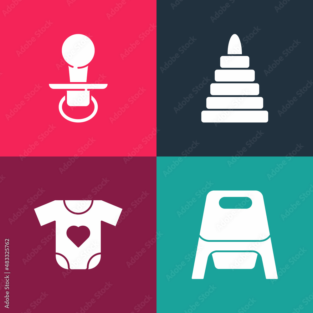 Set pop art Baby potty, clothes, Pyramid toy and dummy pacifier icon. Vector Set pop art Baby potty, clothes, Pyramid toy and dummy pacifier icon. Vector