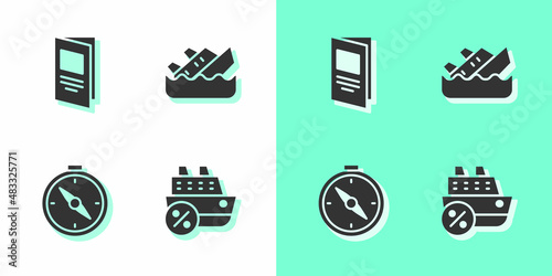 Set Cruise ship, Brochure, Compass and Sinking cruise icon. Vector