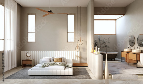 3d rendering,3d illustration, Interior Scene and  Mockup,Modern style bedroom, white leather upholstered bed, white leather backrest, wooden bedside tables with two headboard lighting.