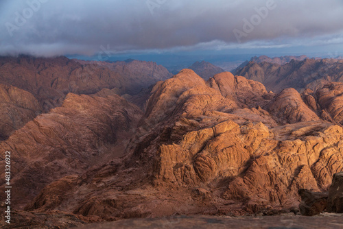 Amazing Sunrise at Sinai Mountain, Beautiful dawn in Egypt, early morning view of the top of Mount Moses