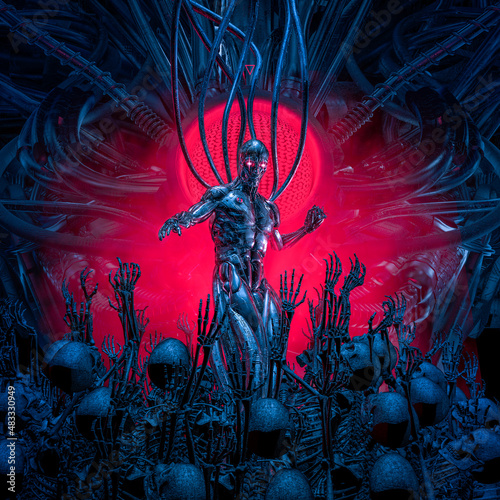 Canvastavla Cyborg raising the undead - 3D illustration of science fiction robotic artificia