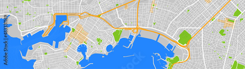 City map of Athens. Panoramic map of  Athens with sea and detail of the city